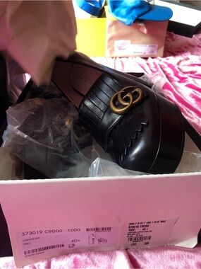 Black Leather Platform Loafer with Gold Hardware
